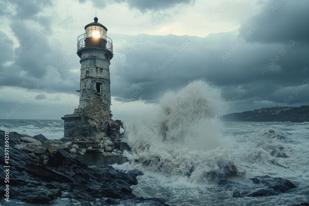 Weathered Lighthouse on Rocky Shore Illumined by Fading Light at Dusk for Nautical Themes Weathered Lighthouse on Rocky Shore Illumined by Fading Light at Dusk for Nautical Themes