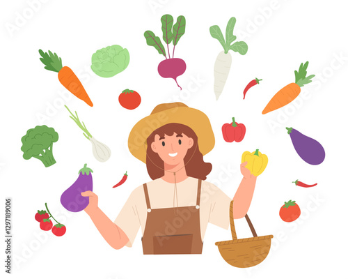 Cheerful gardener with various vegetables and basket isolate on white background. Shopping at organic farm market. Fresh and green grocery for healthy people. Harvesting vegetable from garden.