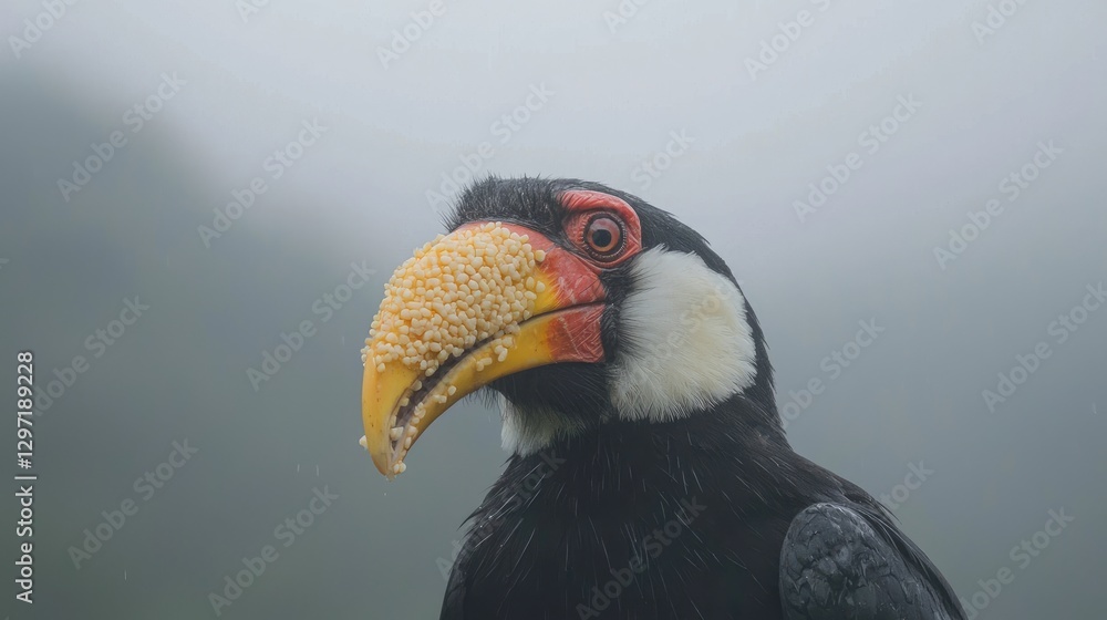 Obraz premium Plate-billed mountain toucan perched in a misty cloud forest environment during an overcast day.