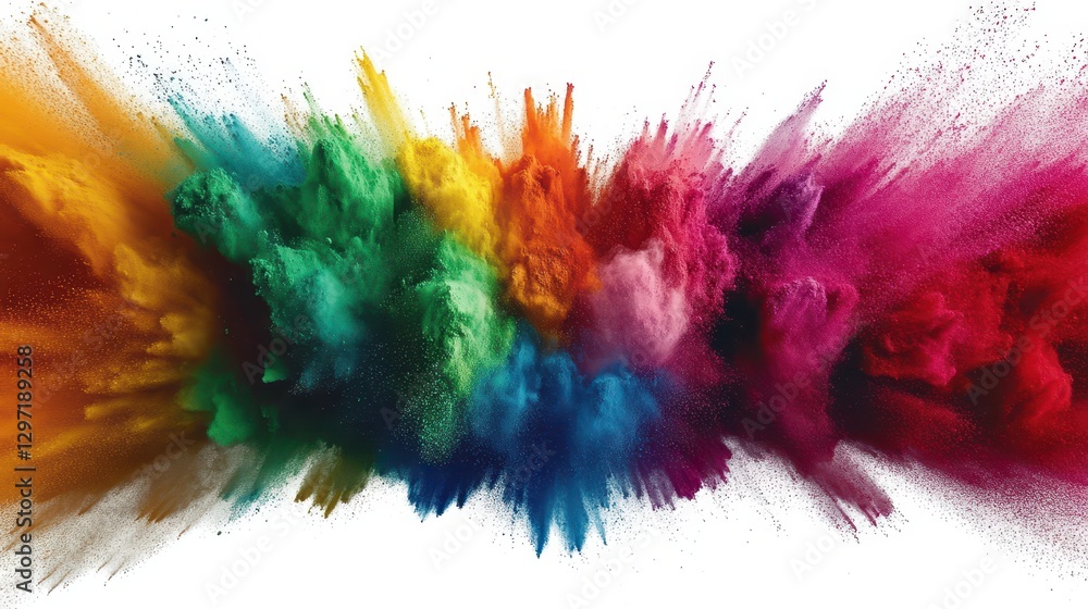 Colorful powder explosion against a white background in vibrant hues Colorful powder explosion against a white background in vibrant hues