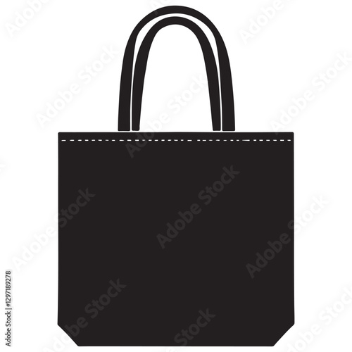 Elegant black shopping tote bag icon with stitching detail design
