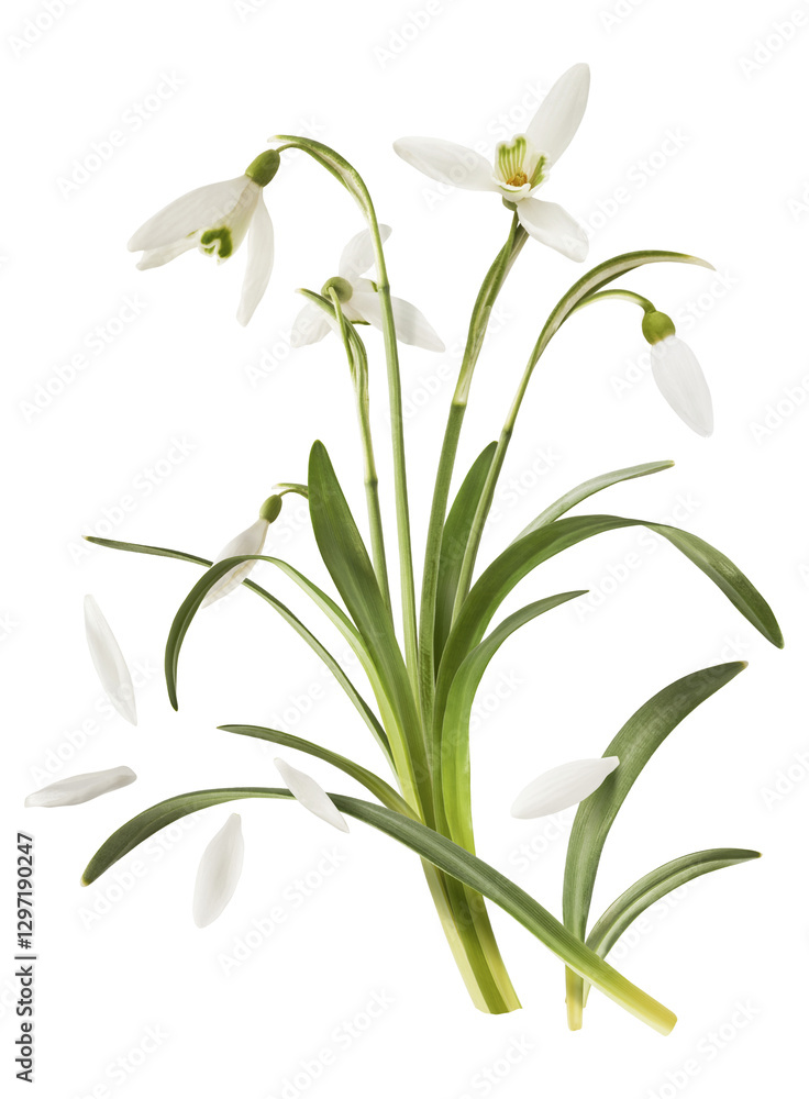 Obraz premium Beautiful Snowdrop flower with green leaves falling in the air isolated on white background. Spring time levitation or zero gravity conception.