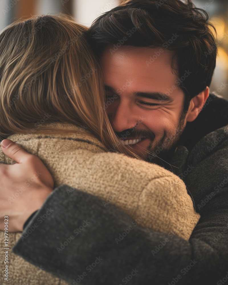 Fototapeta premium Happy couple embracing in warm winter clothing