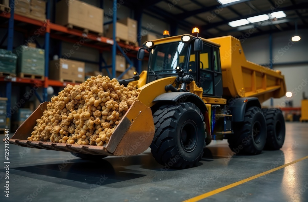 Obraz premium Forklift against the background of a warehouse with shelves and pallets