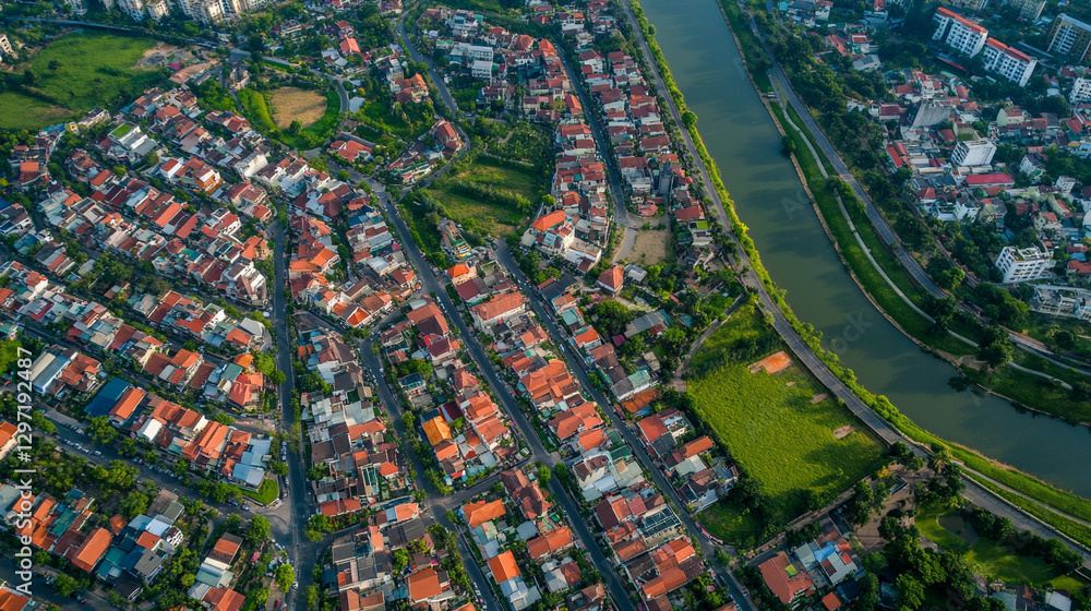 Bird's eye view of the city capturing a sprawling urban landscape with towering skyscrapers bustling streets and vibrant city life.