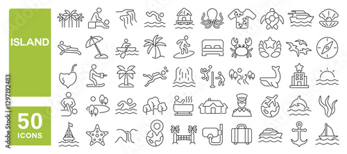 Set of 50 line icons related to island, summer, palm, beach, sea, travel, holiday, landscape, waterfall, nautical, luxury, tourism, resort, Editable stroke. Vector illustration