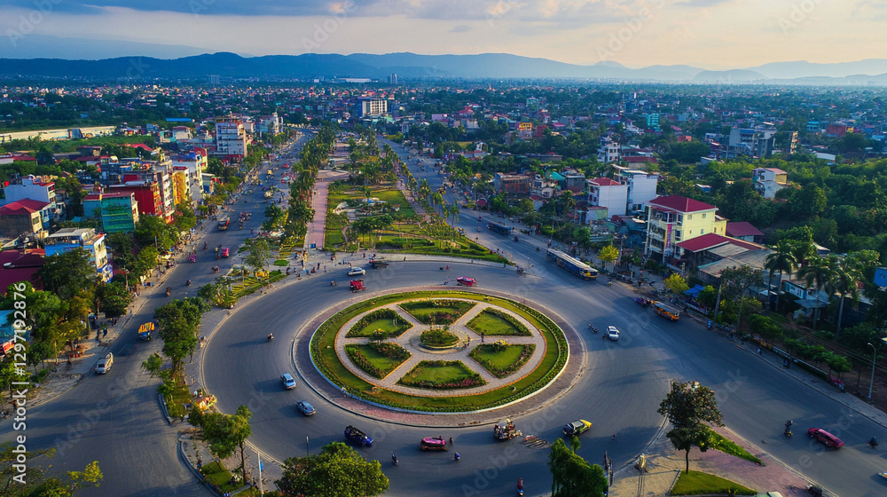City view form drone streets, home, building highway and town.