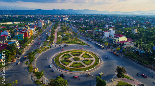Obraz na płótnie City view form drone streets, home, building highway and town. w salonie