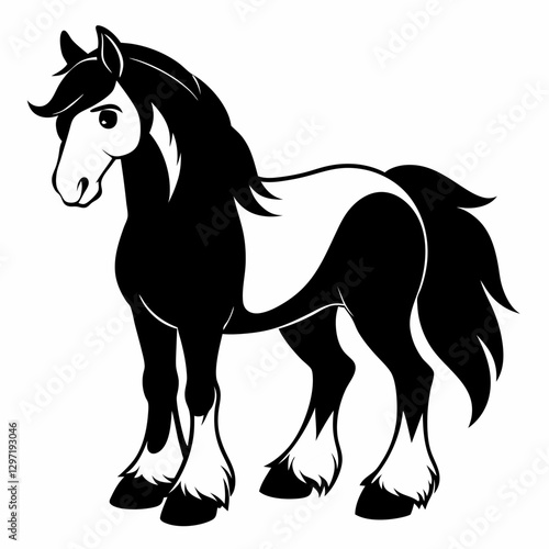 Сartoon horse. Black and white  thoroughbred horse .Suitable for children's books, sticker, mascot, logo. Vector illustration on white background 