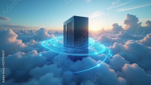 Cloud server enveloped by dynamic data flows, showcasing distributed systems and advanced ai in the cloud for seamless computing.