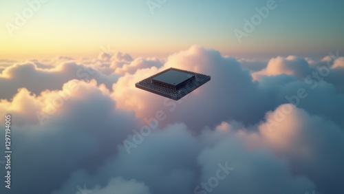 Single microchip floats amid faint cloud edges, illustrating ai in the cloud and distributed systems for advanced cloud computing power.