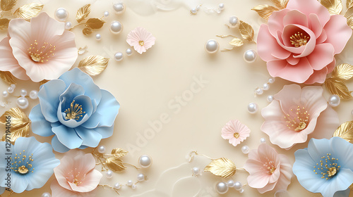 3D floral pattern with pink and blue flowers, pearls, and gold leaves. 
