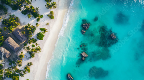 Obraz na płótnie Blue sea and beach view for drone. w salonie