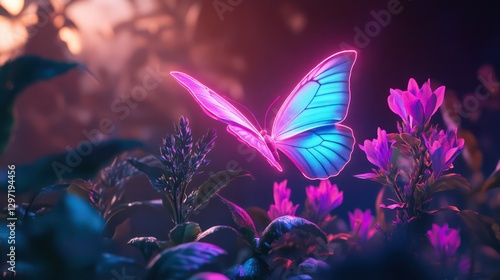 A neon butterfly hovers above beautiful purple flowers in the dark