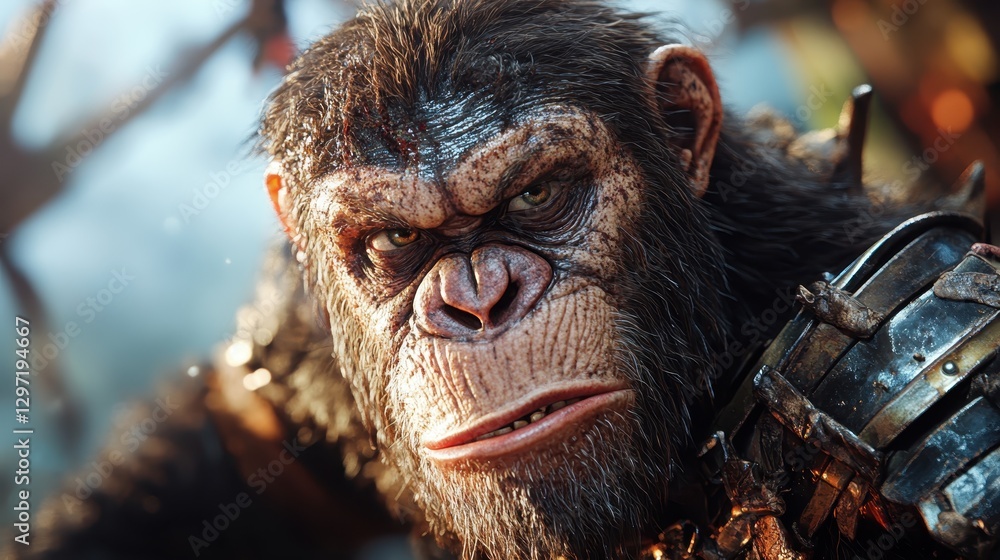 An intense and detailed portrait of an ape showcasing its heroic expression, conveying emotions of determination and power, ideal for storytelling in visuals. An intense and detailed portrait of an ape showcasing its heroic expression, conveying emotions of determination and power, ideal for storytelling in visuals.