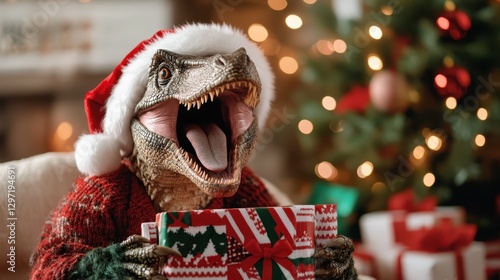 An excited lizard wearing a Santa hat joyfully opening a present during the festive season, representing holiday spirit, warmth, and the joy of giving and receiving.