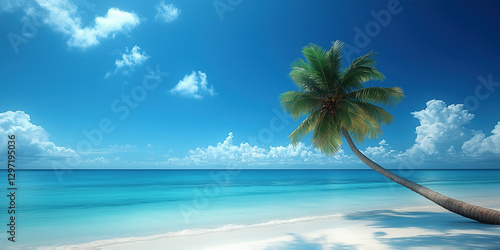 Summer background beautiful beach aqua sea blue sky coconut palm trees white sand. Landscape panorama summer spring travel holiday season.