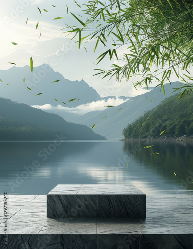 Dragonboat festival product display background podium, Mountain and Water Harmony, stone textured surface, serene lake with distant misty mountains, Bamboo leaves, peaceful and poetic, ad, podium