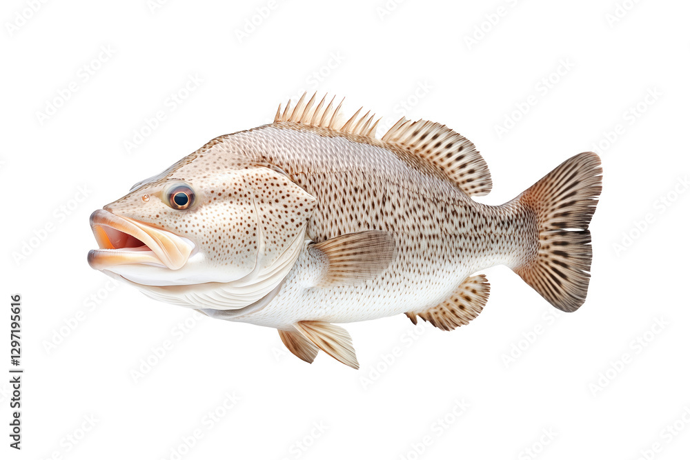 Grouper fish with white spots and intricate fin details isolated on white transparent background, concept of aquatic wildlife Grouper fish with white spots and intricate fin details isolated on white transparent background, concept of aquatic wildlife