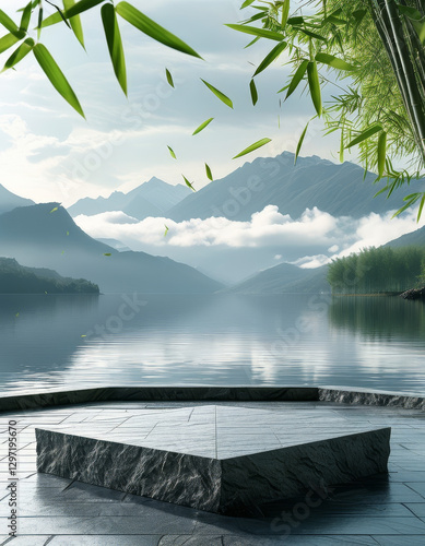 Dragonboat festival product display background podium, Mountain and Water Harmony, stone textured surface, serene lake with distant misty mountains, Bamboo leaves, peaceful and poetic, ad, podium