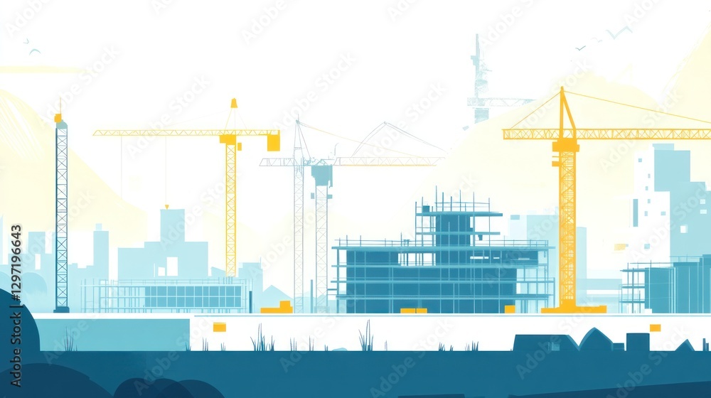 Obraz premium Cityscape Construction Site, Cranes, Buildings Under Construction, Illustration