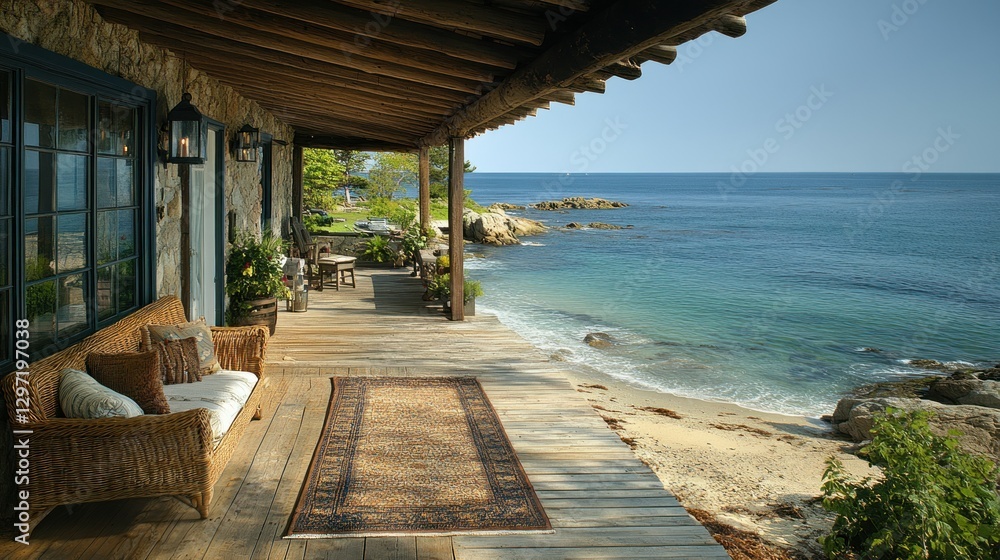 Fototapeta premium Coastal Cottage Porch Overlooking Ocean