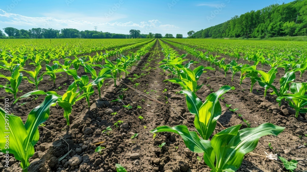 Lush green corn field beneath a clear blue sky a celebration of agriculture and rural beauty Lush green corn field beneath a clear blue sky a celebration of agriculture and rural beauty