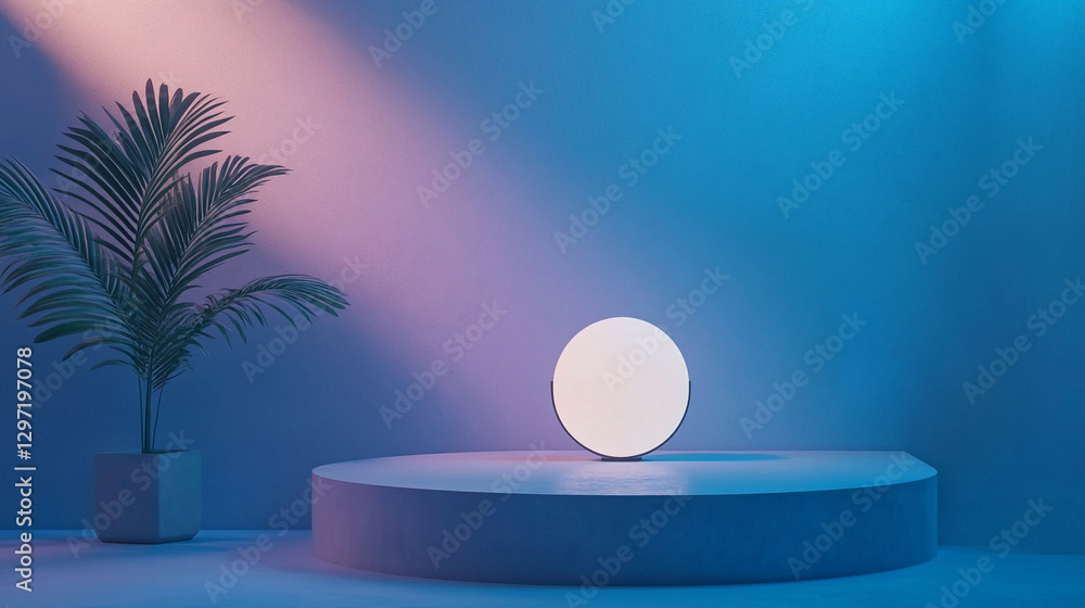 Blue glowing light and podium for product presentation creating a futuristic elegant display with vibrant illumination and modern design.