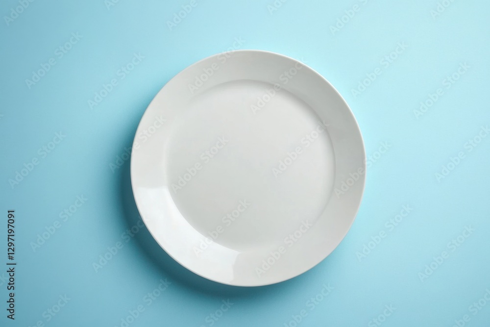 An Overhead View of a White Ceramic Plate on Blue Background An Overhead View of a White Ceramic Plate on Blue Background