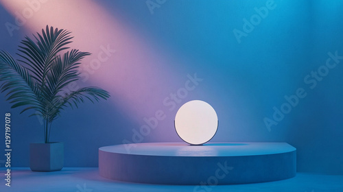 Obraz na płótnie Blue glowing light and podium for product presentation creating a futuristic elegant display with vibrant illumination and modern design. w salonie