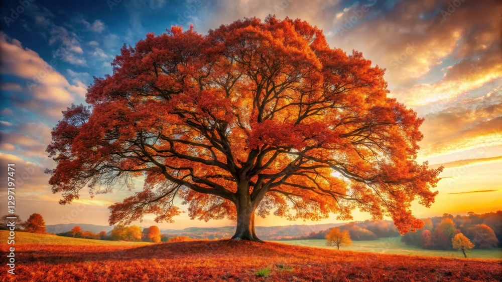 Fototapeta premium A majestic oak tree stands tall with a blanket of fallen dry leaves in shades of golden brown and crimson red, creating a picturesque autumn landscape , foliage, tree branches