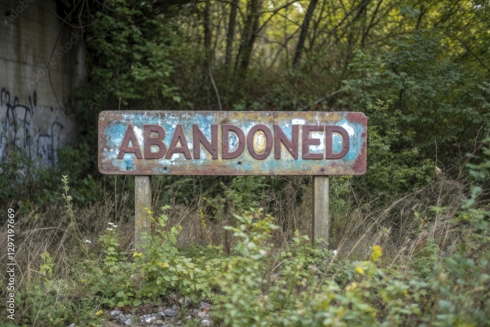 Weathered sign reading Abandoned stands amidst overgrown foliage, by a graffiti-marked wall. Weathered sign reading Abandoned stands amidst overgrown foliage, by a graffiti-marked wall.