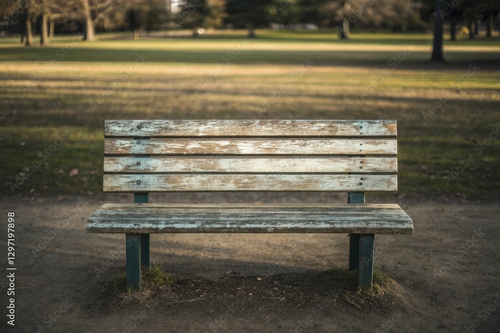Empty, weathered bench stands alone in quiet park, inviting rest amidst solitude. Empty, weathered bench stands alone in quiet park, inviting rest amidst solitude.