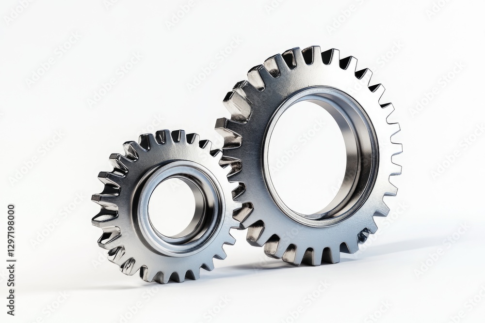 Two metallic gears interlock, symbolizing teamwork, mechanics, and industrial processes. Two metallic gears interlock, symbolizing teamwork, mechanics, and industrial processes.