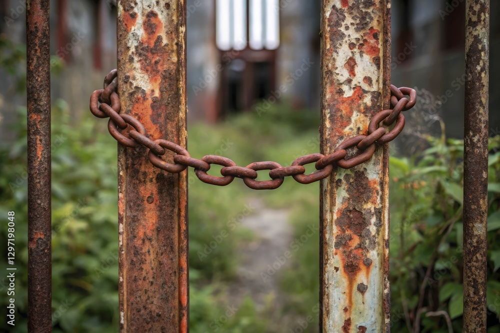 An old, rusted chain secures weathered iron bars, guarding a path overgrown with greenery. An old, rusted chain secures weathered iron bars, guarding a path overgrown with greenery.