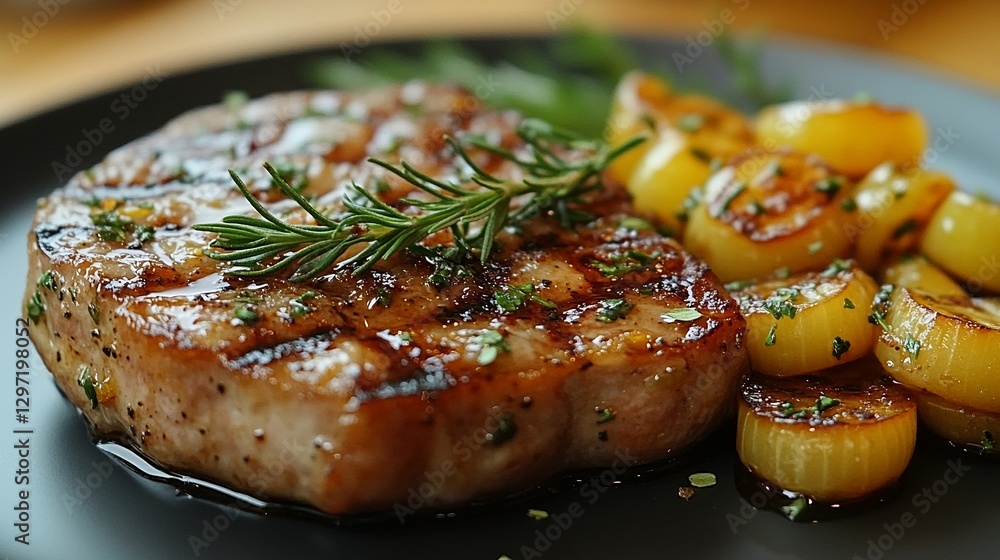 Grilled pork chop, showcasing beautiful sear marks and fresh herbs, served with caramelized onions. Culinary delight at its finest. Grilled pork chop, showcasing beautiful sear marks and fresh herbs, served with caramelized onions. Culinary delight at its finest.