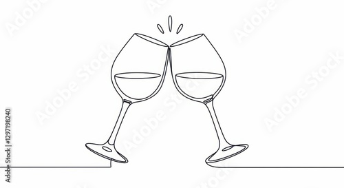 Minimalist line art of two clinking wine glasses in celebration