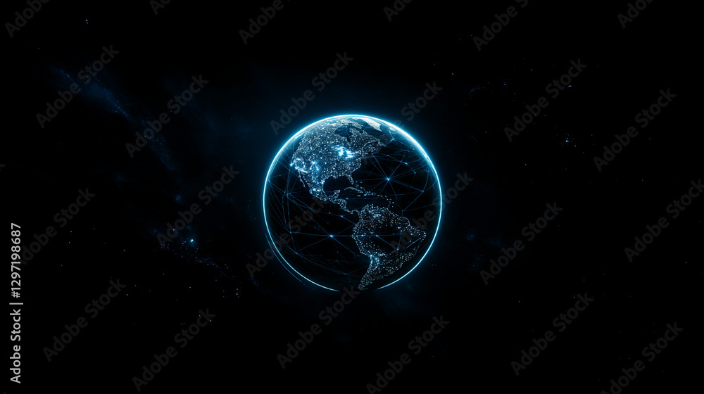 Obraz premium A glowing digital map of the world on a 3D globe, illuminated by interconnected lines and points, symbolizing global connectivity, data exchange, and the future of technology in cyberspace.