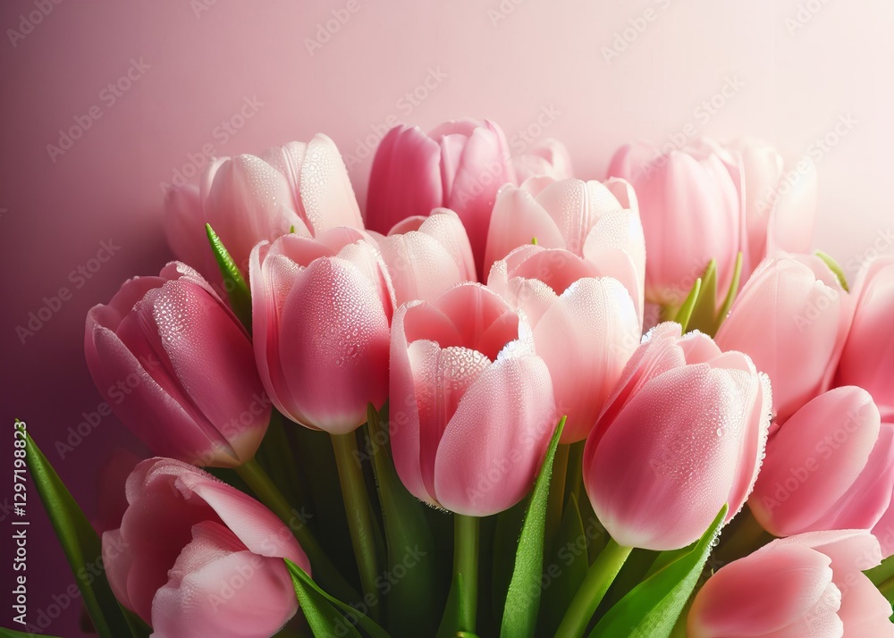 Fototapeta premium Ein üppiger Strauß rosafarbener Tulpen mit zarten Wassertropfen, sanft beleuchtet auf pastellrosa Hintergrund – ein perfektes Kartenmotiv zum Frauentag. Generative KI