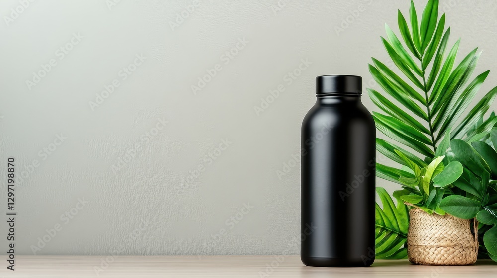 This chic black bottle is beautifully complemented by lush greenery, representing a harmonious balance between modern design and nature's refreshing essence. This chic black bottle is beautifully complemented by lush greenery, representing a harmonious balance between modern design and nature's refreshing essence.