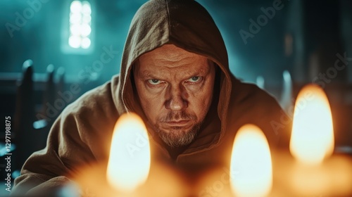 A mysterious cloaked man intensely gazes as flickering candlelight dances around him, creating an enigmatic ambiance filled with intrigue and contemplation. photo