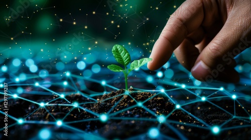 Digital hand nurturing a green sprout, symbolizing tech growth and sustainability in a network.
