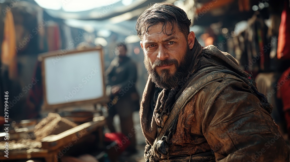 A rugged man with a beard and a worn outfit stands confidently in a vibrant market, showcasing the spirit of trade and daily life in a bustling community atmosphere. A rugged man with a beard and a worn outfit stands confidently in a vibrant market, showcasing the spirit of trade and daily life in a bustling community atmosphere.