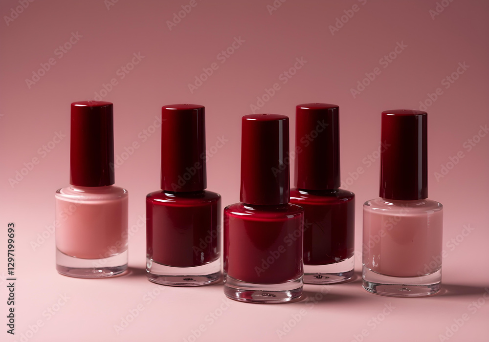 Stylish nail polish bottles with deep red caps on a minimalist background. Stylish nail polish bottles with deep red caps on a minimalist background.