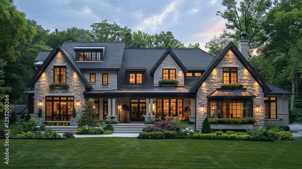 A luxurious two story house with well lit windows at dusk A luxurious two story house with well lit windows at dusk