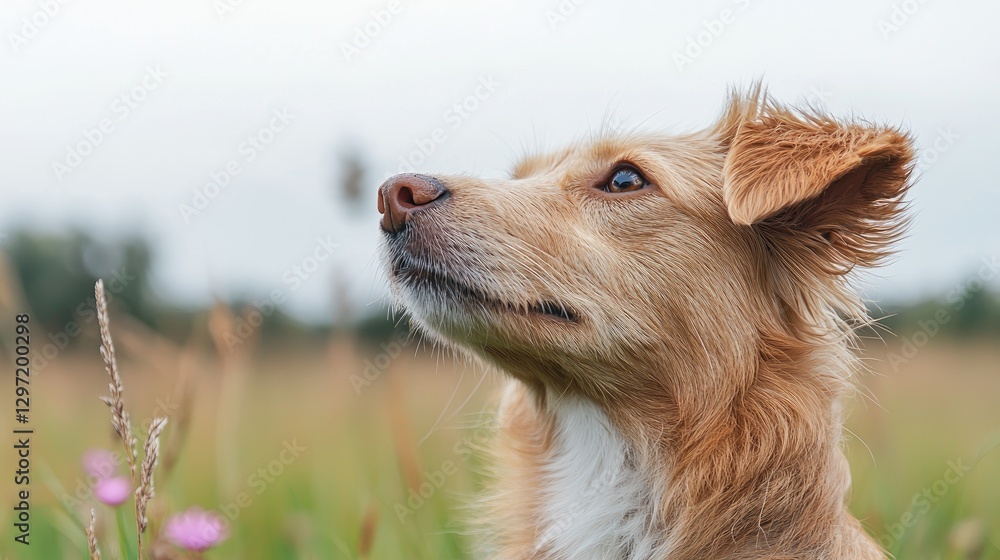 Obraz premium Alert golden brown dog looking up attentively while standing outdoors in a meadow during daytime.