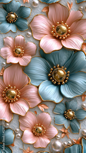 3D floral pattern with pink and blue flowers, pearls, and gold leaves. 
