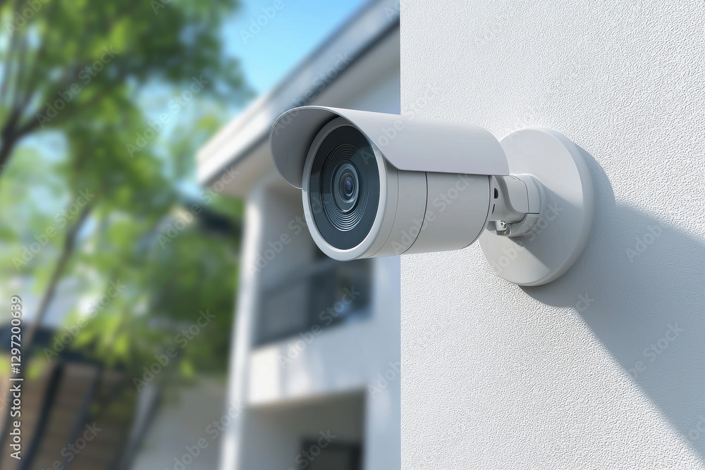Modern outdoor security camera installed on a white suburban house with lush greenery and blue sky in the background Modern outdoor security camera installed on a white suburban house with lush greenery and blue sky in the background