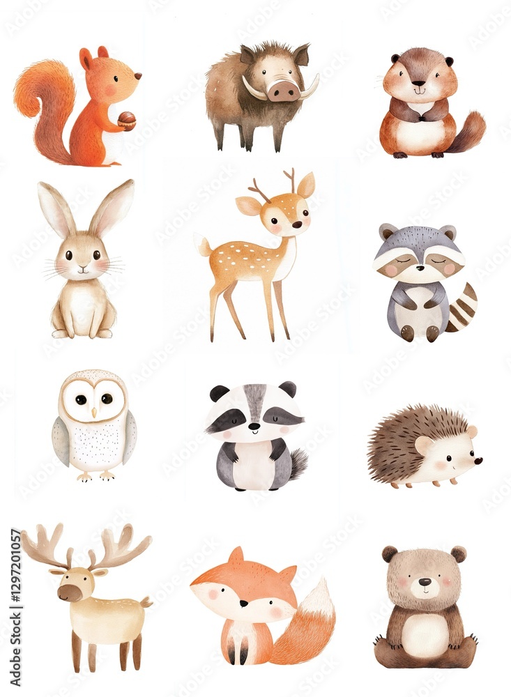 Fototapeta premium Woodland watercolor animals illustration set