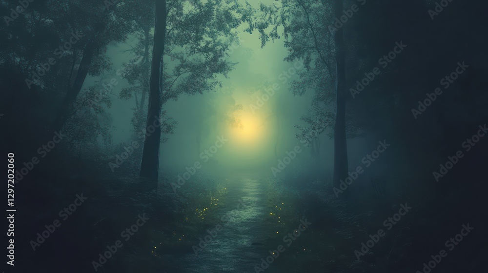 Obraz premium A foggy forest scene featuring a path leading into brightness